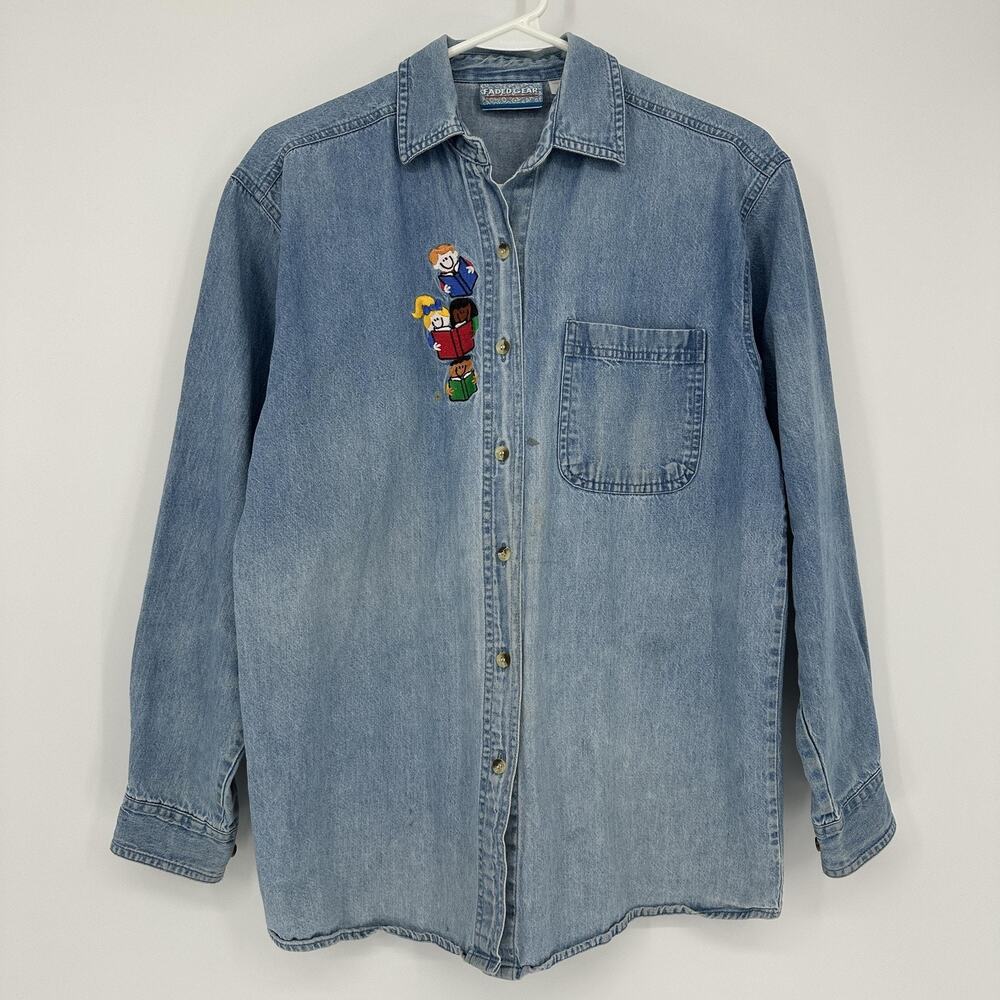 Faded Gear Shirt Womens Large Blue Denim Button Front Teacher Kids Embroidered